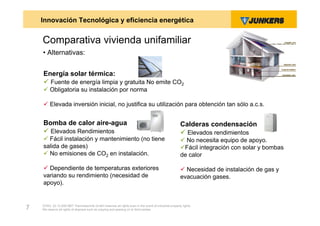 Innovación Tecnológica y eficiencia energética


    Comparativa vivienda unifamiliar
    • Alternativas:


    Energía solar térmica:
     Fuente de energía limpia y gratuita No emite CO2
     Obligatoria su instalación por norma

     Elevada inversión inicial, no justifica su utilización para obtención tan sólo a.c.s.


    Bomba de calor aire-agua                                                                           Calderas condensación
     Elevados Rendimientos                                                                             Elevados rendimientos
     Fácil instalación y mantenimiento (no tiene                                                       No necesita equipo de apoyo.
    salida de gases)                                                                                   Fácil integración con solar y bombas
     No emisiones de CO2 en instalación.                                                              de calor

     Dependiente de temperaturas exteriores                                                            Necesidad de instalación de gas y
    variando su rendimiento (necesidad de                                                              evacuación gases.
    apoyo).


    ZVW2, 22.12.00© BBT Thermotechnik GmbH reserves all rights even in the event of industrial property rights.
7   We reserve all rights of disposal such as copying and passing on to third parties.
 