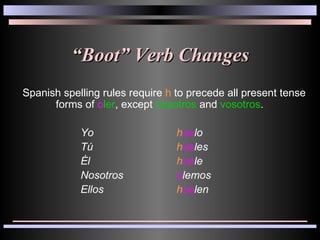 “ Boot” Verb Changes Spanish spelling rules require   h  to precede all present tense forms of  o ler , except  nosotros  and  vosotros .  Yo  h ue lo Tú  h ue les Él  h ue le  Nosotros  o lemos Ellos   h ue len 