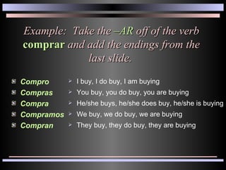 Example:  Take the  –AR  off of the verb  comprar  and add the endings from the last slide. Compro Compras Compra Compramos Compran I buy, I do buy, I am buying You buy, you do buy, you are buying He/she buys, he/she does buy, he/she is buying We buy, we do buy, we are buying They buy, they do buy, they are buying 