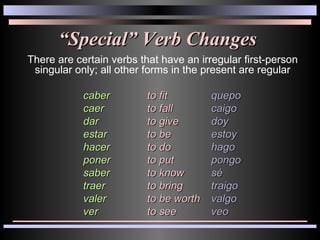 “ Special” Verb Changes There are certain verbs that have an irregular first-person singular only; all other forms in the present are regular caber to fit quepo caer to fall caigo dar to give doy estar to be estoy hacer to do hago poner to put pongo saber to know sé traer to bring traigo valer to be worth valgo ver to see veo 