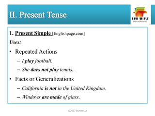 1. Present Simple [Englishpage.com]
Uses:
• Repeated Actions
– I play football.
– She does not play tennis..
• Facts or Generalizations
– California is not in the United Kingdom.
– Windows are made of glass.
©2017 BUNWILLY
 