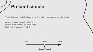 Present simple : to talk about an action which happen on regular basis
subject + base form of verb+(s)
subject + not+ does/ do not + verb
does / do + subject + verb ?
Present simple
 