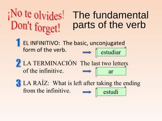 The fundamental
parts of the verb
EL INFINITIVO: The basic, unconjugated
form of the verb. estudiar
LA TERMINACIÓN The last two letters
of the infinitive.
LA RAÍZ: What is left after taking the ending
from the infinitive.
ar
estudi
 