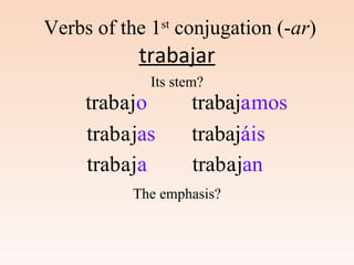 trabajar
aatrab joa
atrab jasa
atrab jaa
trabaj mosa
átrabaj isá
atrab jana
Verbs of the 1st
conjugation (-ar)
Its stem?
The emphasis?
 