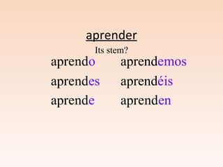 aprender
eeapr ndoe
eapr ndese
eapr ndee
aprend mose
éaprend isé
eapr ndene
Its stem?
 