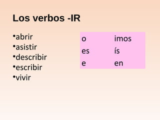 Los verbos -IR
•abrir
•asistir
•describir
•escribir
•vivir
o imos
es ís
e en
 