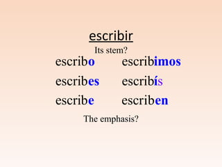 escribir
iiescr boi
iescr besi
iescr bei
escrib mosi
íescrib sí
iescr beni
Its stem?
The emphasis?
 
