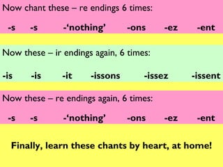 Now chant these – re endings 6 times:

 -s    -s      -‘nothing’       -ons     -ez    -ent

Now these – ir endings again, 6 times:

-is    -is     -it    -issons       -issez     -issent

Now these – re endings again, 6 times:

 -s    -s      -‘nothing’       -ons     -ez    -ent

  Finally, learn these chants by heart, at home!
 