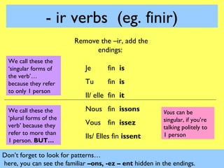 - ir verbs (eg. finir)
                         Remove the –ir, add the
                               endings:
  We call ...