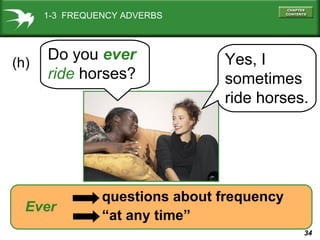 1-3 FREQUENCY ADVERBS

(h)

Do you ever
ride horses?

Ever

Yes, I
sometimes
ride horses.

questions about frequency
“at any time”
34

 