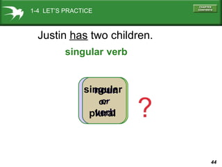 1-4 LET’S PRACTICE

Justin has two children.
singular verb

singular
noun
or
or

verb
plural

?
44

 