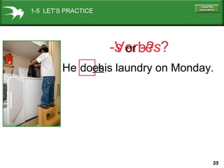 1-5 LET’S PRACTICE

-s or -es?
Verb?
He does laundry on Monday.
his

55

 