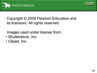 PHOTO CREDITS

Copyright © 2008 Pearson Education and
its licensors. All rights reserved.
Images used under license from:
• Shutterstock, Inc.
• Clipart, Inc.

72

 