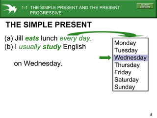 1-1 THE SIMPLE PRESENT AND THE PRESENT
PROGRESSIVE

THE SIMPLE PRESENT
(a) Jill eats lunch every day.
(b) I usually study English
on Wednesday.

Monday
Tuesday
Wednesday
Thursday
Friday
Saturday
Sunday

8

 