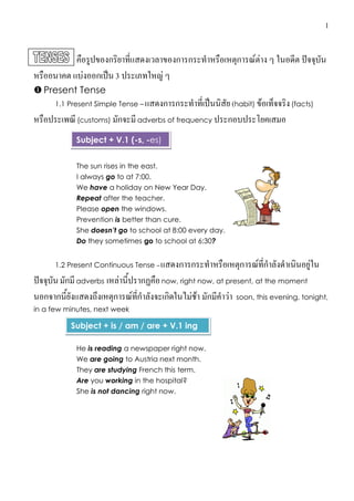1
คือรูปของกริยาที่แสดงเวลาของการกระทาหรือเหตุการณ์ต่าง ๆ ในอดีต ปัจจุบัน
หรืออนาคต แบ่งออกเป็น 3 ประเภทใหญ่ ๆ
 Present Tense
1.1 Present Simple Tense – แสดงการกระทาที่เป็นนิสัย (habit) ข้อเท็จจริง(facts)
หรือประเพณี(customs) มักจะมีadverbs of frequency ประกอบประโยคเสมอ
The sun rises in the east.
I always go to at 7:00.
We have a holiday on New Year Day.
Repeat after the teacher.
Please open the windows.
Prevention is better than cure.
She doesn’t go to school at 8:00 every day.
Do they sometimes go to school at 6:30?
1.2 Present Continuous Tense – แสดงการกระทาหรือเหตุการณ์ที่กาลังดาเนินอยู่ใน
ปัจจุบันมักมีadverbs เหล่านี้ปรากฏคือnow, right now, at present, at the moment
นอกจากนี้ยังแสดงถึงเหตุการณ์ที่กาลังจะเกิดในไม่ช้า มักมีคาว่า soon, this evening, tonight,
in a few minutes, next week
He is reading a newspaper right now.
We are going to Austria next month.
They are studying French this term.
Are you working in the hospital?
She is not dancing right now.
Subject + V.1 (-s, -es)
Subject + is / am / are + V.1 ing
 