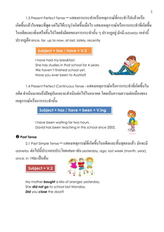 2
1.3 Present Perfect Tense – แสดงการกระทาหรือเหตุการณ์ที่กระทาไปแล้วหรือ
เกิดขึ้นแล้วในขณะที่พูด แต่ไม่ได้ระบุว่าเกิดขึ้นเมื่อไร แสดงเหตุการณ์หรือการกระทาที่เกิดขึ้น
ในอดีตและเพิ่งเสร็จสิ้นไปโดยยังมีผลของการกระทานั้น ๆ ปรากฏอยู่ มักมีadverbs เหล่านี้
ปรากฏคือsince, for, up to now, at last, lately, recently
I have had my breakfast.
She has studies in that school for 4 years.
We haven’t finished school yet.
Have you ever been to Austria?
1.4 Present Perfect Continuous Tense – แสดงเหตุการณ์หรือการกระทาที่เกิดขึ้นใน
อดีต ดาเนินมาจนถึงปัจจุบันและจะดาเนินต่อไปในอนาคต โดยเน้นความความต่อเนื่องของ
เหตุการณ์หรือการกระทานั้น
I have been waiting for two hours.
David has been teaching in this school since 2002.
 Past Tense
2.1 Past Simple Tense – แสดงเหตุการณ์ที่เกิดขึ้นในอดีตและสิ้นสุดลงแล้ว มักจะมี
adverbs ต่อไปนี้ประกอบประโยคเสมอ เช่นyesterday, ago, last week (month, year),
once, in 1986 เป็นต้น
My mother bought a kilo of oranges yesterday.
She did not go to school last Monday.
Did you close the door?
Subject + has / have + V.3
Subject + has / have + been + V.ing
Subject + V.2
 