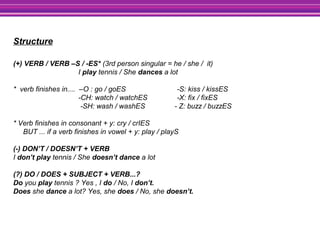 Structure
(+) VERB / VERB –S / -ES* (3rd person singular = he / she / it)
I play tennis / She dances a lot
* verb finishes in.... –O : go / goES -S: kiss / kissES
-CH: watch / watchES -X: fix / fixES
-SH: wash / washES - Z: buzz / buzzES
* Verb finishes in consonant + y: cry / crIES
BUT ... if a verb finishes in vowel + y: play / playS
(-) DON’T / DOESN’T + VERB
I don’t play tennis / She doesn’t dance a lot
(?) DO / DOES + SUBJECT + VERB...?
Do you play tennis ? Yes , I do / No, I don’t.
Does she dance a lot? Yes, she does / No, she doesn’t.
 