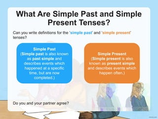 What Are Simple Past and Simple
Present Tenses?
Can you write definitions for the ‘simple past’ and ‘simple present’
tenses?
Do you and your partner agree?
Simple Past
(Simple past is also known
as past simple and
describes events which
happened at a specific
time, but are now
completed.)
Simple Present
(Simple present is also
known as present simple
and describes events which
happen often.)
 