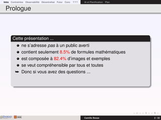 Intro Contraintes Observabilité Décentralisé Futur Conc ? ? ? IA et Planiﬁcation Plan
Prologue
Cette présentation ...
ne s’adresse pas à un public averti
contient seulement 8.5% de formules mathématiques
est composée à 82.4% d’images et exemples
se veut compréhensible par tous et toutes
¯ Donc si vous avez des questions ...
DAMASwww.damas.ift.ulaval.ca Camille Besse 2 / 32
 