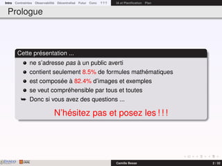 Intro Contraintes Observabilité Décentralisé Futur Conc ? ? ? IA et Planiﬁcation Plan
Prologue
Cette présentation ...
ne s’adresse pas à un public averti
contient seulement 8.5% de formules mathématiques
est composée à 82.4% d’images et exemples
se veut compréhensible par tous et toutes
¯ Donc si vous avez des questions ...
N’hésitez pas et posez les ! ! !
DAMASwww.damas.ift.ulaval.ca Camille Besse 2 / 32
 