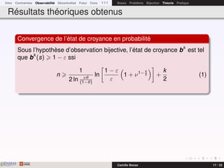 Intro Contraintes Observabilité Décentralisé Futur Conc ? ? ? Bases Problème Bijection Théorie Pratique
Résultats théoriques obtenus
Convergence de l’état de croyance en probabilité
Sous l’hypothèse d’observation bijective, l’état de croyance bk
est tel
que bk
(s) 1 − ε ssi
n
1
2 ln νθ
(1−θ)
ln
1 − ε
ε
1 + ν1− k
2 +
k
2
(1)
DAMASwww.damas.ift.ulaval.ca Camille Besse 17 / 32
 