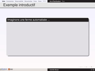 Intro Contraintes Observabilité Décentralisé Futur Conc ? ? ? IA et Planiﬁcation Plan
Exemple introductif
Imaginons une ferme automatisée ...
DAMASwww.damas.ift.ulaval.ca Camille Besse 3 / 32
 
