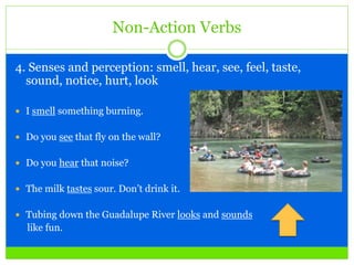 Non-Action Verbs
4. Senses and perception: smell, hear, see, feel, taste,
sound, notice, hurt, look
 I smell something burning.
 Do you see that fly on the wall?
 Do you hear that noise?
 The milk tastes sour. Don’t drink it.
 Tubing down the Guadalupe River looks and sounds
like fun.
 