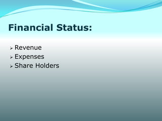 Financial Status:

 Revenue
 Expenses

 Share Holders
 