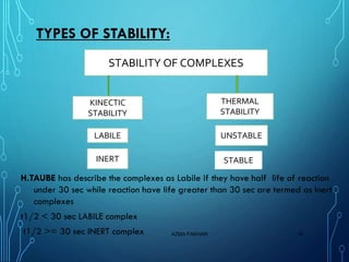 TYPES OF STABILITY:
H.TAUBE has describe the complexes as Labile if they have half life of reaction
under 30 sec while reaction have life greater than 30 sec are termed as Inert
complexes
t1/2 < 30 sec LABILE complex
t1/2 >= 30 sec INERT complex AZMA FAKHAR 10
STABILITY OF COMPLEXES
KINECTIC
STABILITY
LABILE
INERT
THERMAL
STABILITY
UNSTABLE
STABLE
 