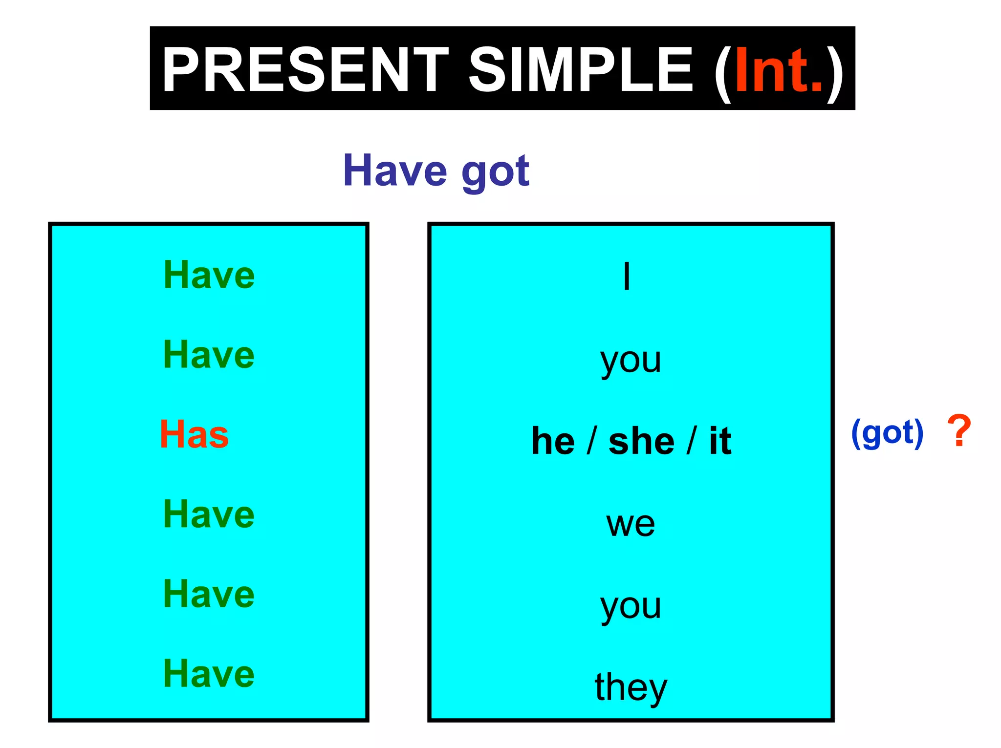 PRESENT SIMPLE (Int.)
       Have got

Have                   I
Have                  you
Has               he / she / it   (got)   ?
Have                  we
Have                  you
Have                  they
 