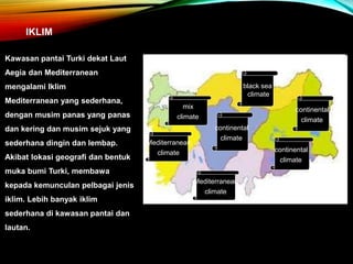 Kawasan pantai Turki dekat Laut
Aegia dan Mediterranean
mengalami Iklim
Mediterranean yang sederhana,
dengan musim panas yang panas
dan kering dan musim sejuk yang
sederhana dingin dan lembap.
Akibat lokasi geografi dan bentuk
muka bumi Turki, membawa
kepada kemunculan pelbagai jenis
iklim. Lebih banyak iklim
sederhana di kawasan pantai dan
lautan.
continental
climate
Mediterranean
climate
continental
climate
continental
climate
black sea
climate
Mediterranean
climate
mix
climate
IKLIM
 