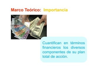 Marco Teórico: Importancia




              Cuantifican en términos
              financieros los diversos
              componentes de su plan
              total de acción.
                       acción.
 