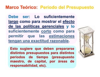 Marco Teórico: Periodo del Presupuesto

 Debe ser: Lo suficientemente
         ser:
 largo como para mostrar el efecto
 de las políticas gerenciales y lo
 suficientemente corto como para
 permitir que las estimaciones
 tengan una exactitud razonable.
                      razonable.
  Esto sugiere que deben prepararse
  distintos presupuestos para distintos
  periodos de tiempo (presupuesto
  maestro, de capital, por áreas de
           ,      p , p
  responsabilidad, etc).
                   etc)
 