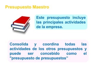 Presupuesto Maestro

              Este presupuesto incluye
              las principales actividades
              de la empresa.
                    empresa.



 Consolida     y  coordina    todas  las
 actividades de los otros presupuestos y
 puede     ser   concebido     como    el
 "presupuesto de presupuestos”
 