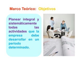 Marco Teórico: Objetivos

Planear integral y
sistemáticamente
todas          las
actividades que la
empresa      debe
desarrollar en un
periodo
determinado.
determinado.
 