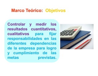 Marco Teórico: Objetivos


Controlar y medir los
resultados cuantitativos,
cualitativos para fijar
responsabilidades en las
diferentes dependencias
de la empresa para logro
y cumplimiento de las
metas          previstas.
               previstas.
 