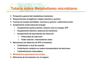 Tutoria sobre Metabolismo microbiano
      Perspectiva general del metabolismo bacteriano
      Requerimientos energéticos: trabajo mecánico y químico
      Fuentes de energía asimilables: luminosa y química: oxidorreducciones
      Acoplamiento oxido-reducción-energía
               Acoplamiento químico directo: enlaces ricos en energía: ATP
               Acoplamiento eléctrico: potencial de membrana
               Acoplamiento de equivalentes de reducción
                       Potenciales de reducción
                       Poder reductor: intermediarios redox
      Mecanismos de obtención de ATP en bacterias
               Fosforilación a nivel de sustrato
               Fosforilación oxidativa en cadena transportadora de electrones
               Fotofosforilación fotosintética
      Metabolismos generadores de energía
      Relaciones de las bacterias con el oxígeno
Copyright © 2006 Pearson Education, Inc., publishing as Benjamin Cummings   25
 