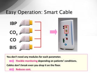 Easy Operation: Smart Cable

  IBP
  CO2
  CO
  BIS
You don’t need any modules for each parameter.
        Flexible monito...