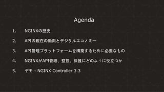 | ©2020 F53
Agenda
1. NGINXの歴史
2. APIの現在の動向とデジタルエコノミー
3. API管理プラットフォームを構築するために必要なもの
4. NGINXがAPI管理、監視、保護にどのように役立つか
5. デモ - NGINX Controller 3.3
 