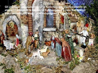 Gli elementi che compongno la Natività sono rigorosamente gli stessi 11 elementi:la Madonna,S.Giuseppe,il Cristo Bambino,il bue,l’asinello,i re Magi,i due zampognari e l’Angelo 