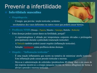    Infertilidade masculina
     Orquidopexia
       ○ Cirurgia que previne torção testicular, acidentes
       involuntários dos vasos deferentes ou outros vasos que poderá causar hérnias.

     Profilaxia MMR (Mumps – Papeira, Measles – Sarampo, Rubella – Rubéola)
     Estas doenças podem causar danos na fertilidade, porquê?
       ○ A espermatogénese é afetada por temperaturas corporais elevadas e prolongadas
          principalmente durante a puberdade (maturação testicular)
       ○ A Varicela também poderá causar orquites (inflamação testicular).
       ○ Solução: Vacinação como profilaxia destas doenças.

     Orquite – “Inflamação testicular”
       ○ É uma reação inflamatória que ocorre na tentativa de minimizar atrofia testicular.
          Esta inflamação pode causar pressão testicular e necrose.
       ○ Deve-se à administração de esferóides (prednisolona 40-60mg /dia) e em casos de
          má resposta recorre-se a cirurgia (pequena incisão na túnica albuginea) de forma a
          aliviar a pressão e necrose testicular.
 