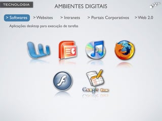 AMBIENTES DIGITAIS
> Websites> Softwares > Intranets > Portais Corporativos > Web 2.0
Aplicações desktop para execução de tarefas
> Softwares
TECNOLOGIA
 