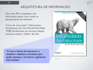 ARQUITETURA DE INFORMAÇÃO
Nos anos 90, a arquitetura de
informação passa a ser usada no
planejamento de websites. !
!
”Livro do urso polar” (Information
Architecture for the World Wide Web,
1998).Atualmente em terceira edição,
continua sendo a “bíblia” dos AIs.
“A arte e ciência de estruturar e
classiﬁcar websites e intranets para
ajudar pessoas a encontrar e gerenciar
informações.”
AI
 