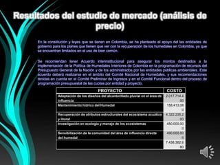 Resultados del estudio de mercado (análisis de
                   precio)
     En la constitución y leyes que se tienen en Colombia, se ha planteado el apoyo del las entidades de
     gobierno para los planes que tienen que ver con la recuperación de los humedales en Colombia, ya que
     se encuentran limitados en el uso de bien común.

     Se recomiendan tener Acuerdo interinstitucional para asegurar los montos destinados a la
     implementación de la Política de Humedales Interiores de Colombia en la programación de recursos del
     Presupuesto General de la Nación y de los administrados por las entidades públicas ambientales. Este
     acuerdo deberá realizarse en el ámbito del Comité Nacional de Humedales, y sus recomendaciones
     tenidas en cuenta en el Comité Preliminar de Ingresos y en el Comité Funcional dentro del proceso de
     programación presupuestal de las cuotas por entidad y proyecto.

                                         PROYECTO                                    COSTO
                Adaptación de los diseños del alcantarillado pluvial en el área de   2.017.714.4
                influencia                                                                    00
                Mantenimiento hídrico del Humedal                                     158.413.08
                                                                                               0
                Recuperación de atributos estructurales del ecosistema acuático      4.322.235.2
                y litoral                                                                     00
                Investigación en ecología y manejo de los ecosistemas                 450.000.00
                                                                                               0
                Sensibilización de la comunidad del área de influencia directa        490.000.00
                del humedal                                                                    0
                                                                                     7.438.362.6
                                                                                              80
 