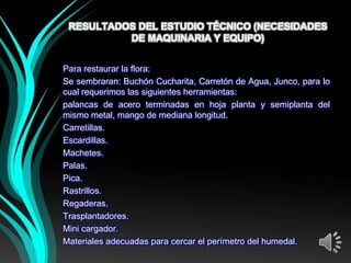 RESULTADOS DEL ESTUDIO TÉCNICO (NECESIDADES
          DE MAQUINARIA Y EQUIPO)


Para restaurar la flora:
Se sembraran: Buchón Cucharita, Carretón de Agua, Junco, para lo
cual requerimos las siguientes herramientas:
palancas de acero terminadas en hoja planta y semiplanta del
mismo metal, mango de mediana longitud.
Carretillas.
Escardillas.
Machetes.
Palas.
Pica.
Rastrillos.
Regaderas.
Trasplantadores.
Mini cargador.
Materiales adecuadas para cercar el perímetro del humedal.
 