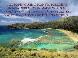 NÃO PODE POLUIR O PLANETA, PORQUE AS
PLANTAS MORREM, OS ANIMAIS E AS PESSOAS
TAMBÉM MORREM E A POLUIÇÃO FAZ COM QUE
NÃO TENHA MAIS VIDA NO PLANETA INTEIRO .
 