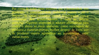 Por conta de todos esses excessos que a humanidade tem
praticado, a sustentabilidade ambiental passou a ser o
objetivo de várias estruturas sociais preocupadas com o
andamento dos acontecimentos e com as futuras
gerações. Algumas empresas já adotam alternativas para
conter o abuso ao meio ambiente, como reciclagem de
produtos e matérias-primas, melhor despejo de lixos, uso
de produtos menos agressivos ao ecossistema, entre
outras metas.

 