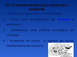 1 - Estabelecer princípios ambientalistas 2 - Fazer uma investigação de  recursos  e processos 3 - Estabelecer uma política ecológica de compras 4 - Incentivar os outros  a agirem de forma ambientalmente correcta 