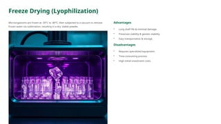 Freeze Drying (Lyophilization)
Microorganisms are frozen at -20°C to -80°C, then subjected to a vacuum to remove
frozen water via sublimation, resulting in a dry, stable powder.
Advantages
• Long shelf life & minimal damage.
• Preserves viability & genetic stability.
• Easy transportation & storage.
Disadvantages
• Requires specialized equipment.
• Time-consuming process.
• High initial investment costs.
 