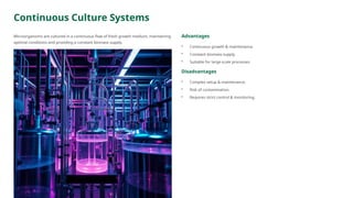 Continuous Culture Systems
Microorganisms are cultured in a continuous flow of fresh growth medium, maintaining
optimal conditions and providing a constant biomass supply.
Advantages
• Continuous growth & maintenance.
• Constant biomass supply.
• Suitable for large-scale processes.
Disadvantages
• Complex setup & maintenance.
• Risk of contamination.
• Requires strict control & monitoring.
 